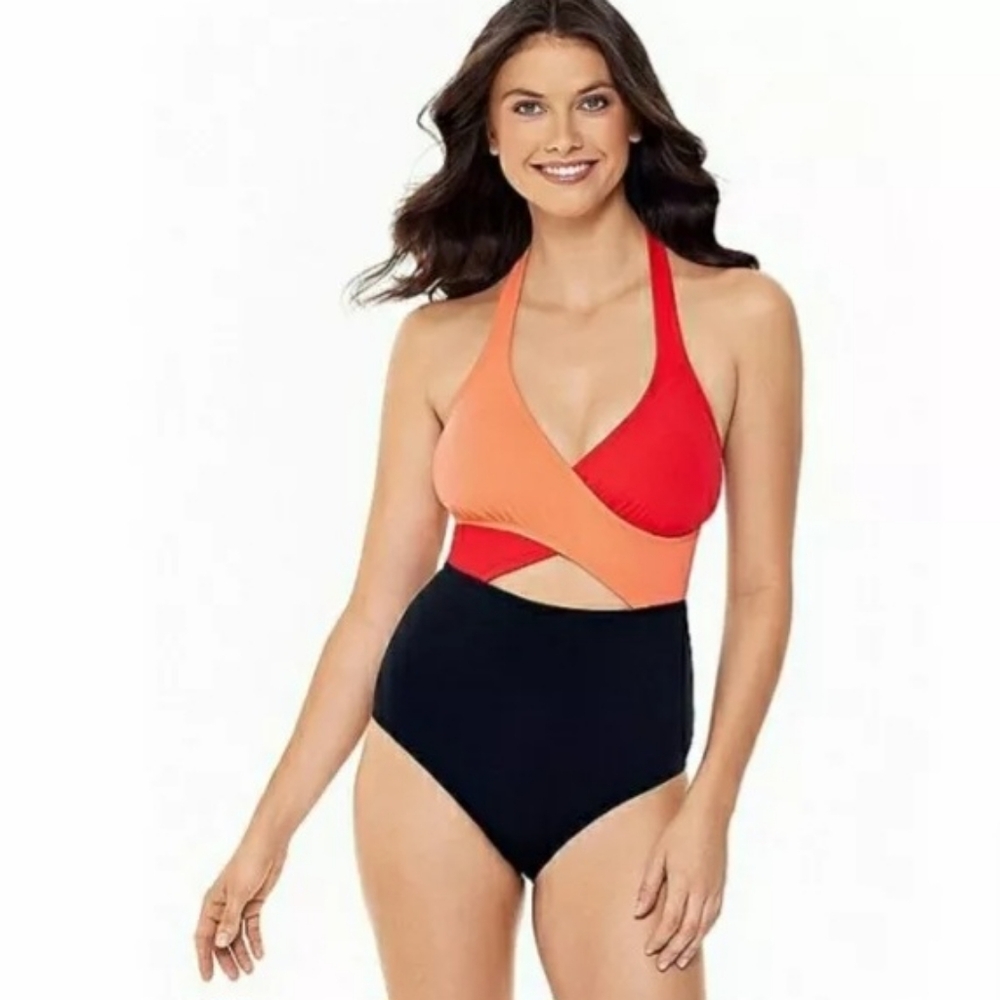 Eco Beach Women's Wrap Front, Cutout, One Piece Bathingsuit. Orange, Red & Black